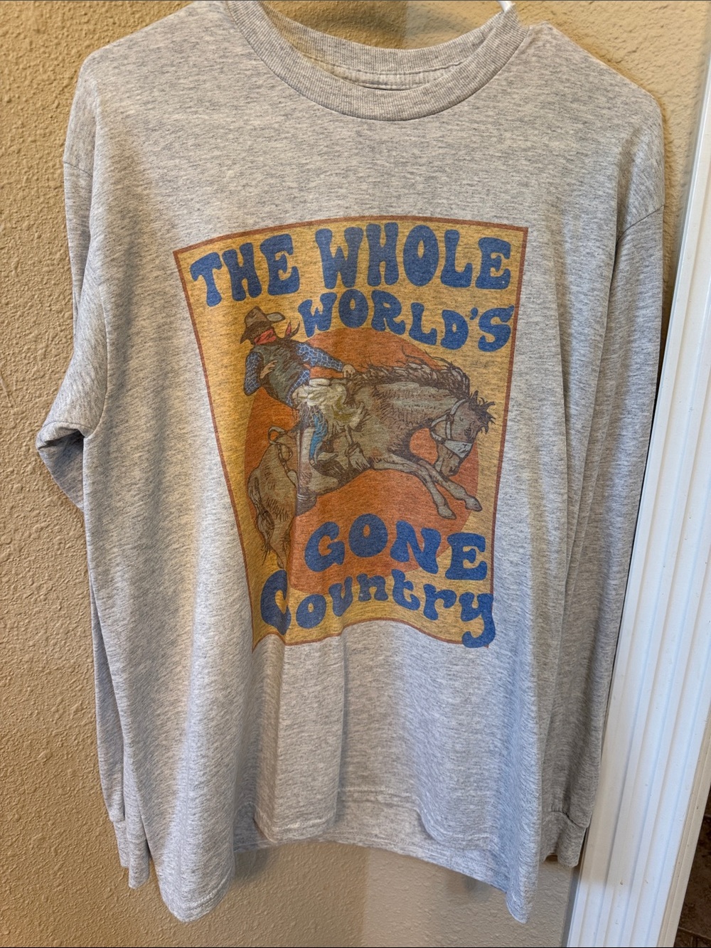 Gildan Gray Long-Sleeve Tee with Orange & Blue Country Graphic